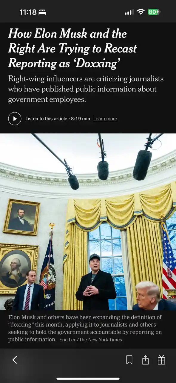 A screenshot of a New York Times article about Elon Musk and right-wing influencers redefining 'doxxing' to attack…