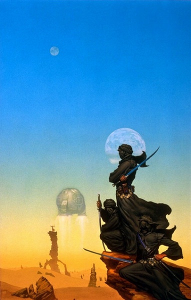A fantasy painting depicts three cloaked warriors on a rocky outcrop in a desert, looking toward a large, glowing moon and a…