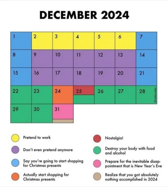 A December 2024 calendar with colored squares for each day, each color corresponding to a phase of holiday preparation or…
