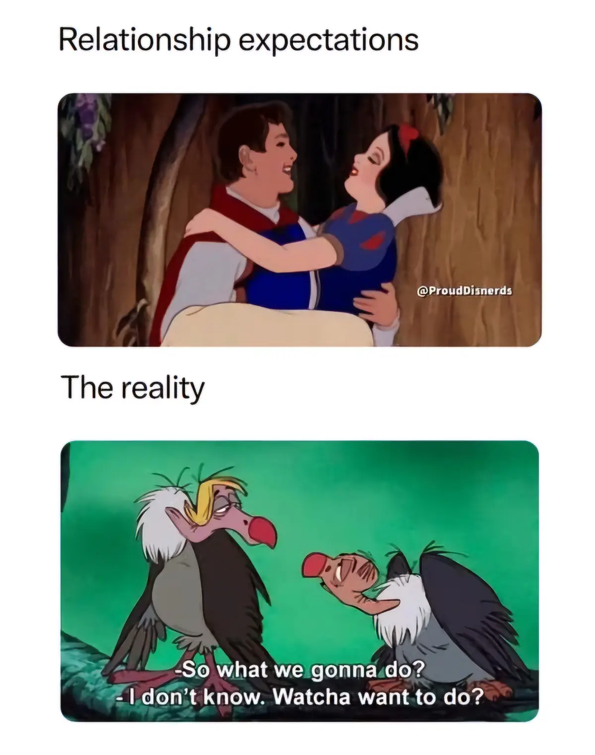 The top panel shows Snow White and Prince Charming in a romantic embrace, labeled 'Relationship expectations.' The bottom…
