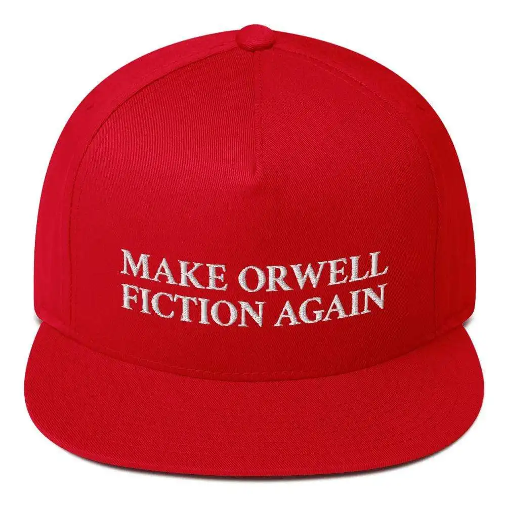 A red baseball cap with white embroidered text that reads 'MAKE ORWELL FICTION AGAIN'. The cap is photographed against a…