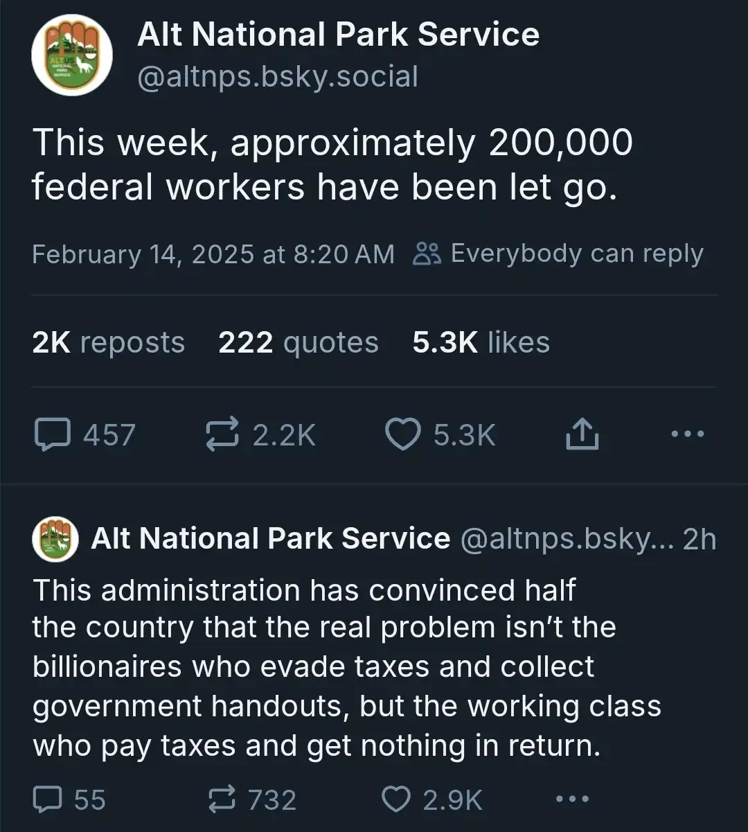 A screenshot of two consecutive posts from a Twitter account called 'Alt National Park Service' with a fake logo. The first…