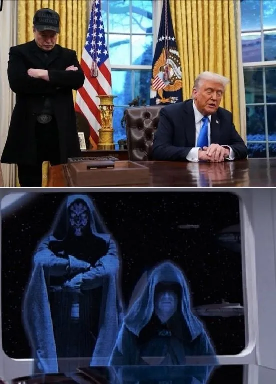 The top panel shows Donald Trump seated at a desk in the Oval Office, while a man in a black coat and cap stands with arms…