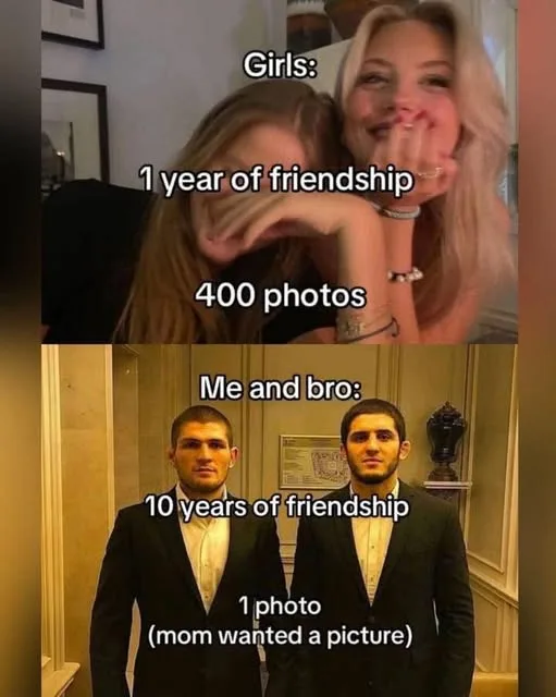 The meme is split into two panels. Top panel shows two smiling women with text overlay reading 'Girls: 1 year of friendship…