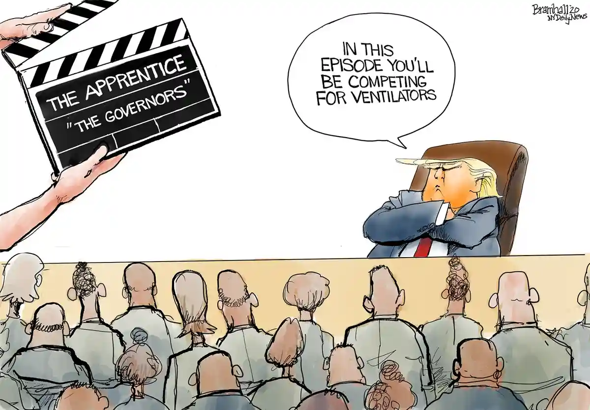 A cartoon depicts a person resembling Donald Trump sitting in a chair, arms crossed, as a clapperboard reads 'THE APPRENTICE…