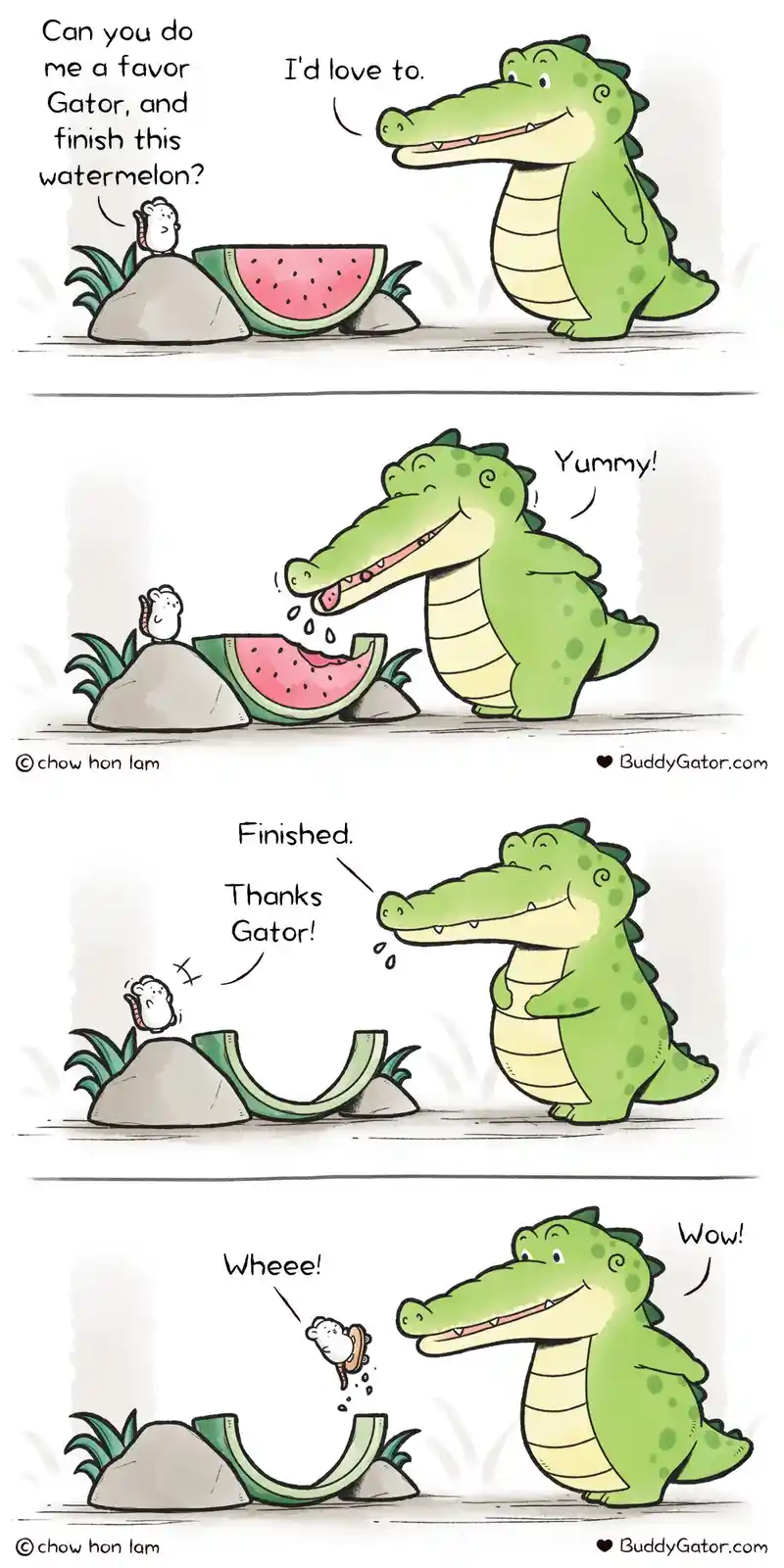 A four-panel comic shows a small white mouse asking a green alligator to finish a watermelon slice. The alligator happily…