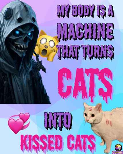 A skeletal grim reaper with glowing blue eyes and a hooded cloak stands beside a surprised yellow cat emoji. Large dripping…