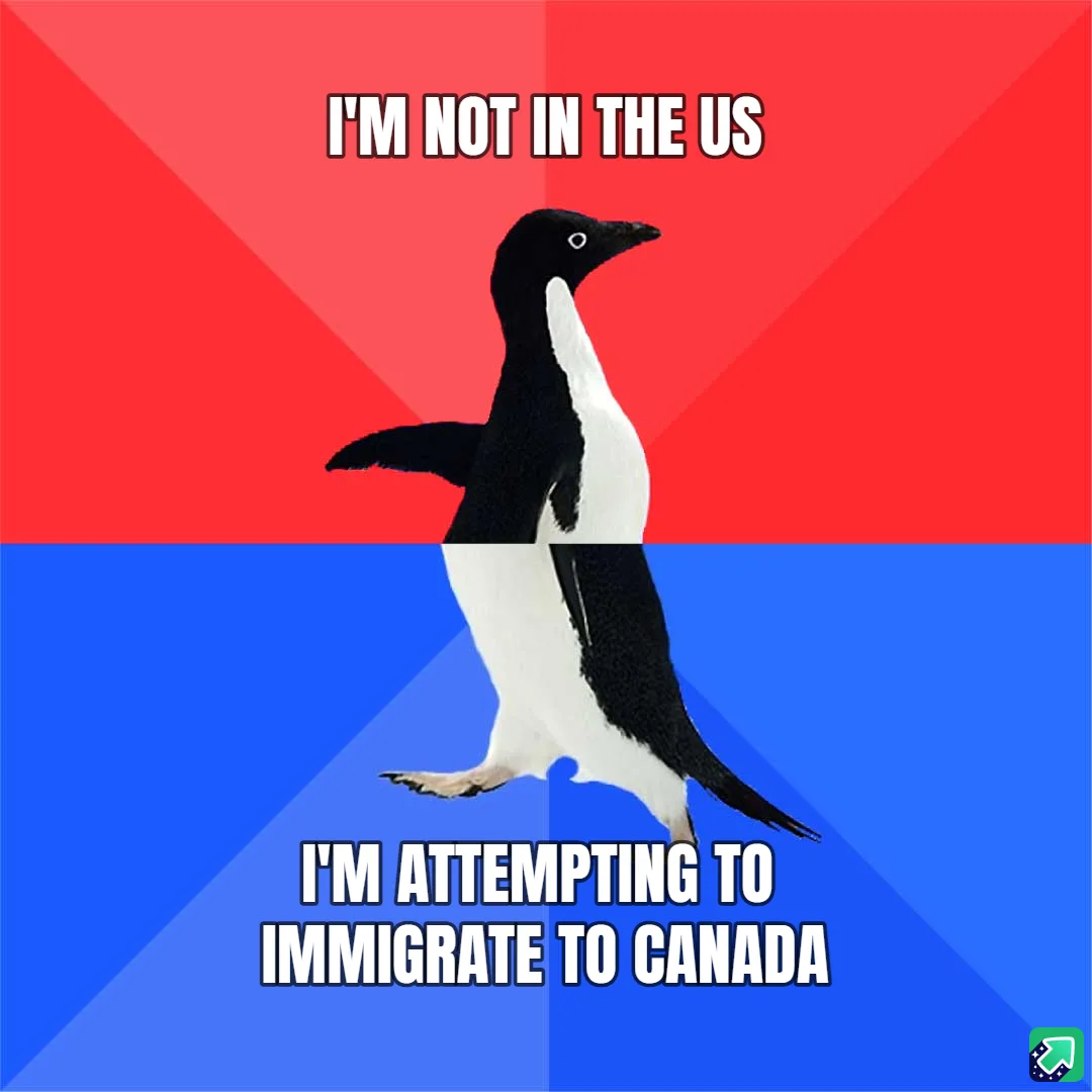 A penguin stands centered against a split background of red on top and blue on bottom. White bold text at the top reads 'I'M…