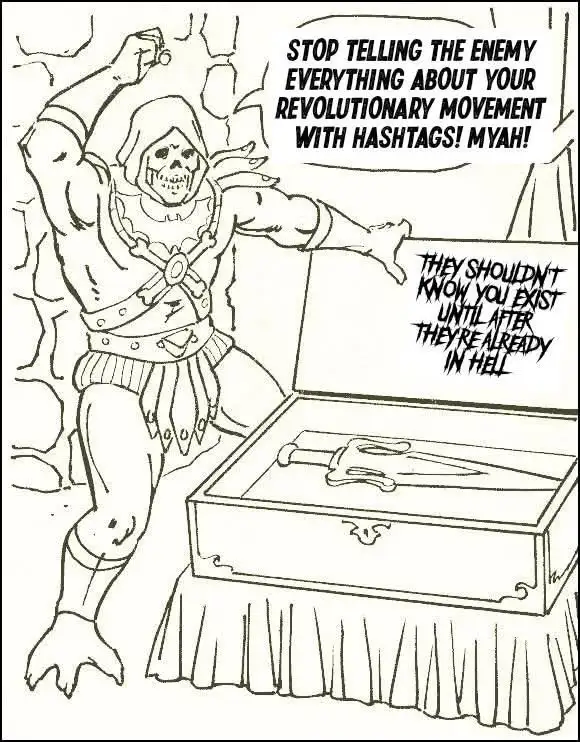 A black-and-white line drawing of Skeletor from Masters of the Universe, standing triumphantly beside an open casket…