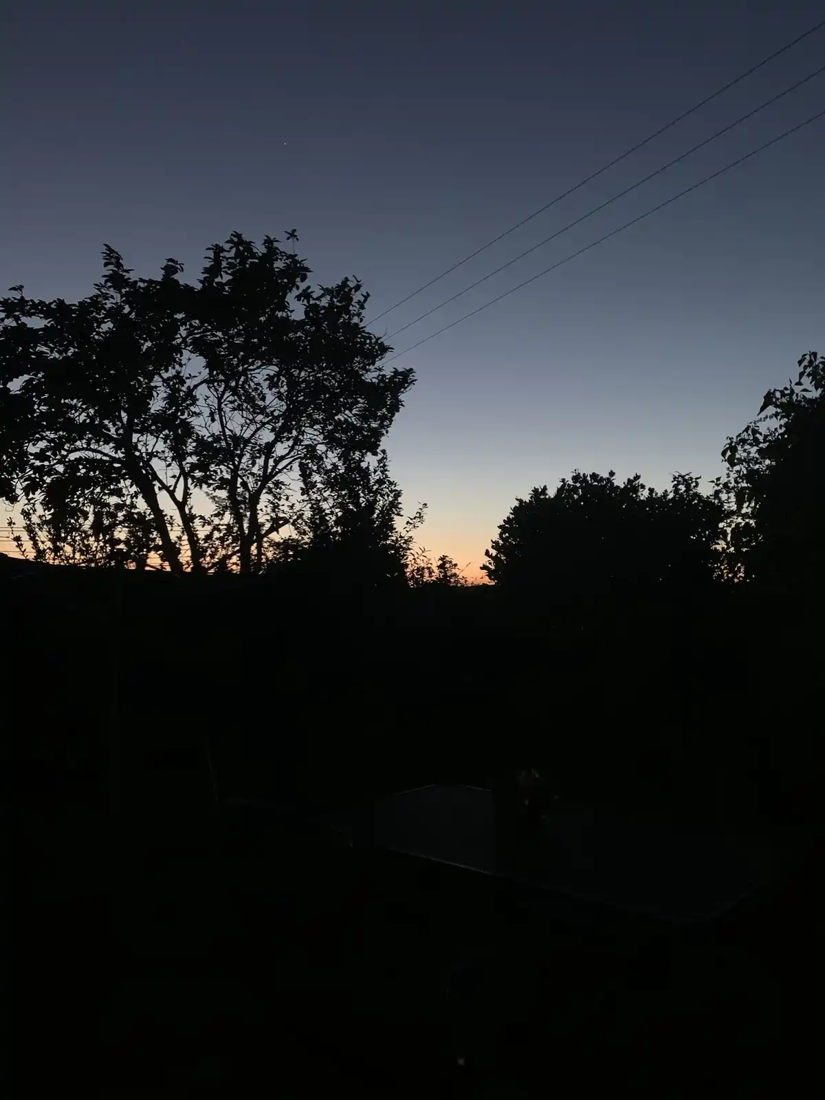 A dimly lit outdoor scene at dusk, showing silhouettes of trees and a patio table against a gradient sky transitioning from…