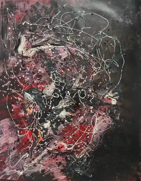 An abstract painting featuring chaotic splatters and strokes of black, white, and red paint on a dark background. The…