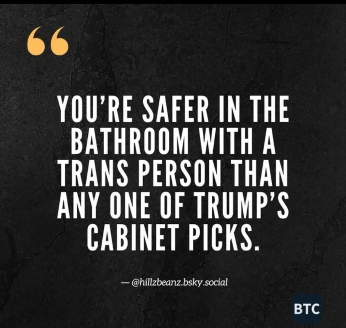 A black, cracked-textured background features large white text stating 'YOU’RE SAFER IN THE BATHROOM WITH A TRANS PERSON…