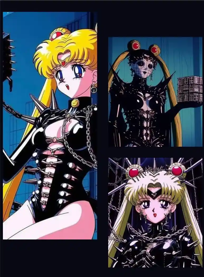 The image displays three panels of the anime character Sailor Moon, each showing her in a dark, gothic outfit with spiked…