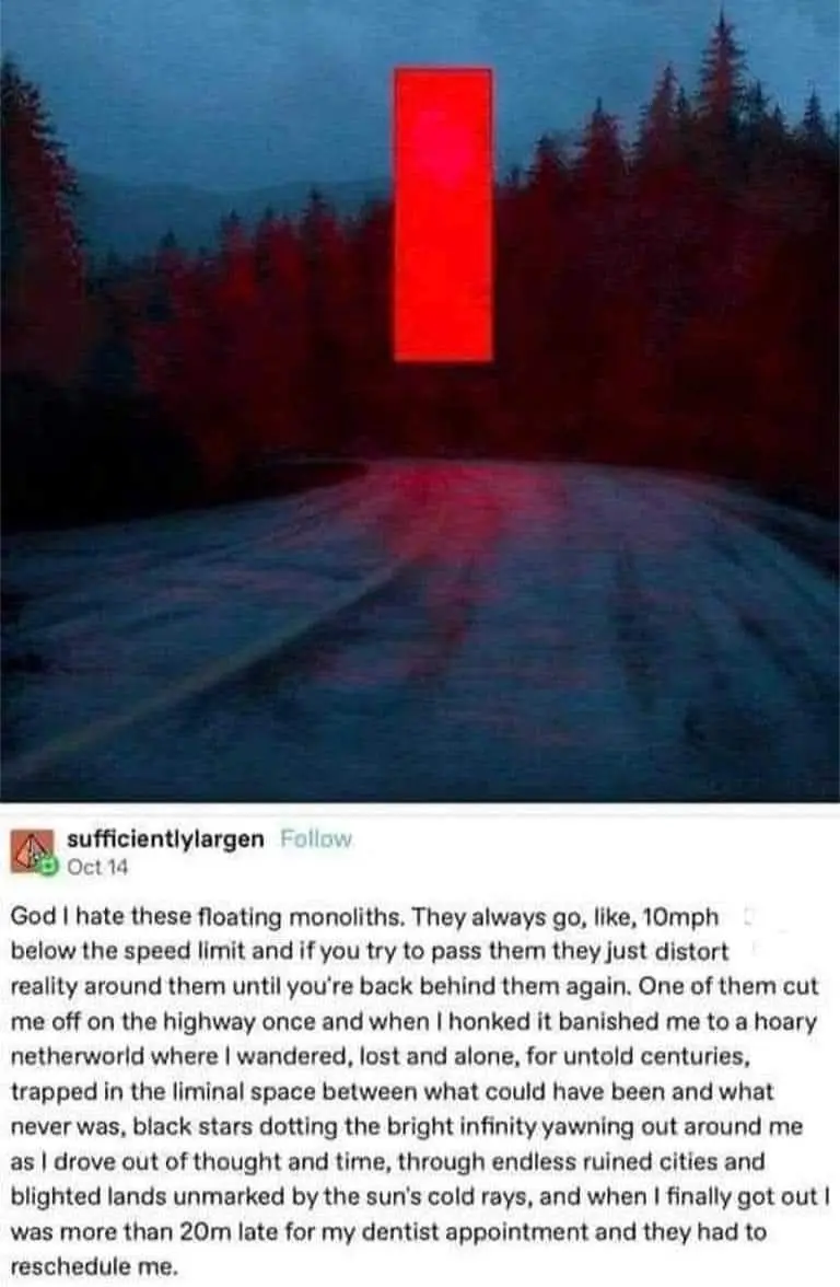 A screenshot of a social media post showing a dark, forest-lined road with a large, glowing red rectangular monolith…