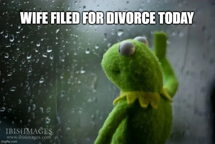 A green felt frog puppet, Kermit the Frog, stands sadly by a rain-streaked window, one hand raised in a gesture of despair…