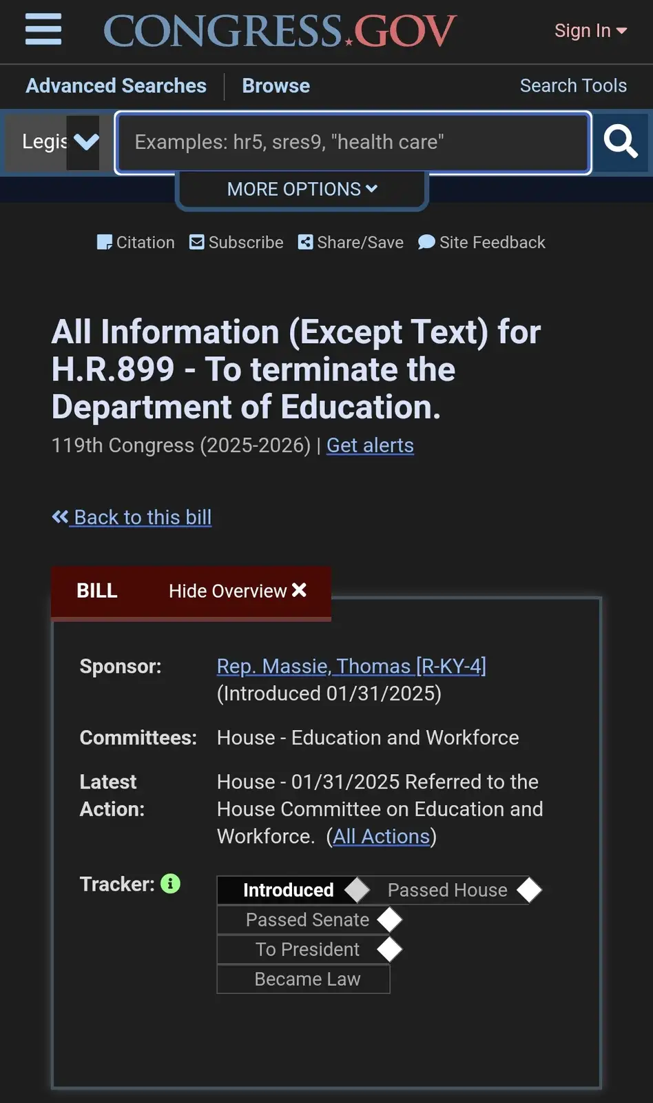 A screenshot of the congress.gov website showing bill H.R.899 titled 'To terminate the Department of Education.' The bill's…