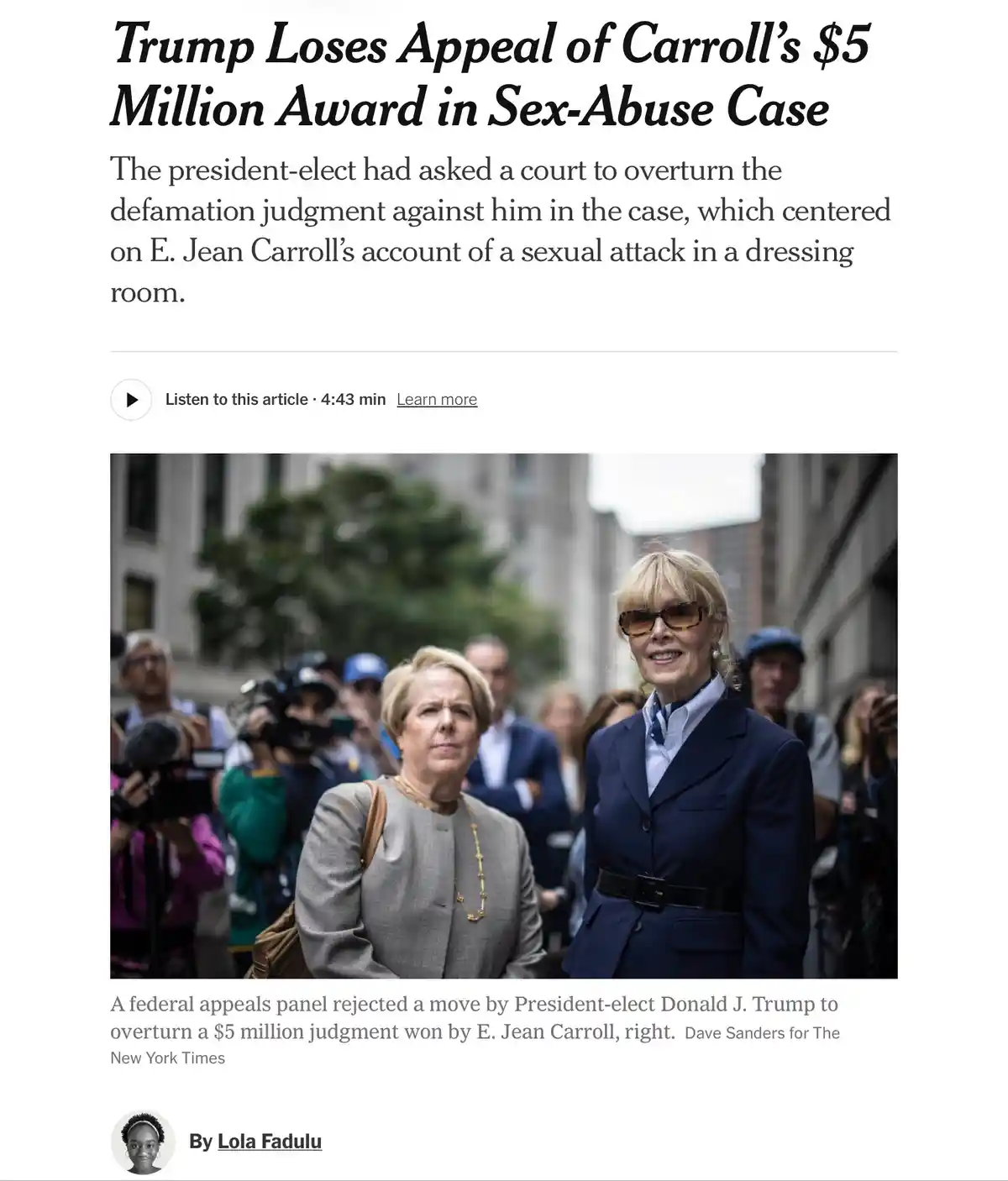 A screenshot of a New York Times article about Trump losing an appeal of a $5 million defamation judgment in a sex-abuse…