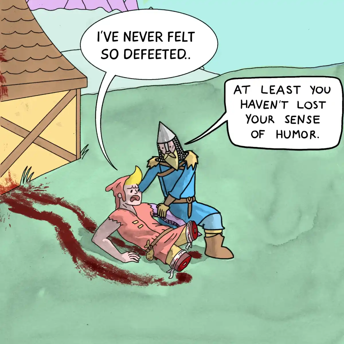 A cartoon knight in blue armor kneels beside a wounded, bloodied character in a pink outfit who is lying on the ground. The…