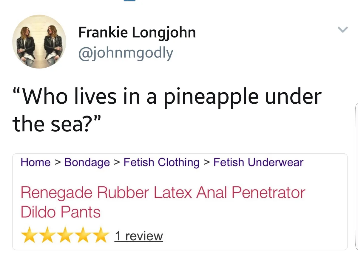 A screenshot of a tweet by Frankie Longjohn (@johnmgodly) shows a product listing for 'Renegade Rubber Latex Anal Penetrator…