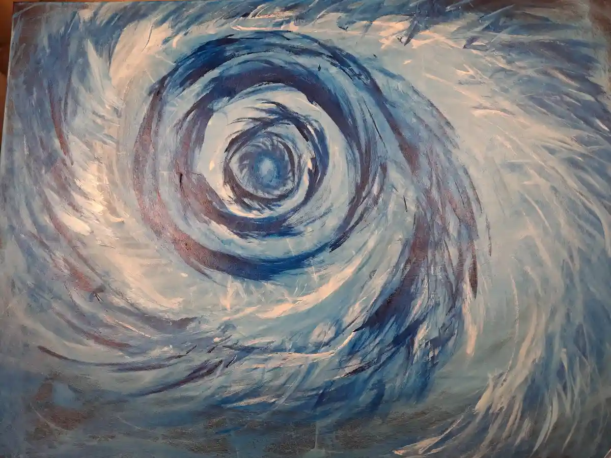 A swirling abstract painting in shades of blue and white depicts a vortex-like spiral, visually resembling a hurricane or…