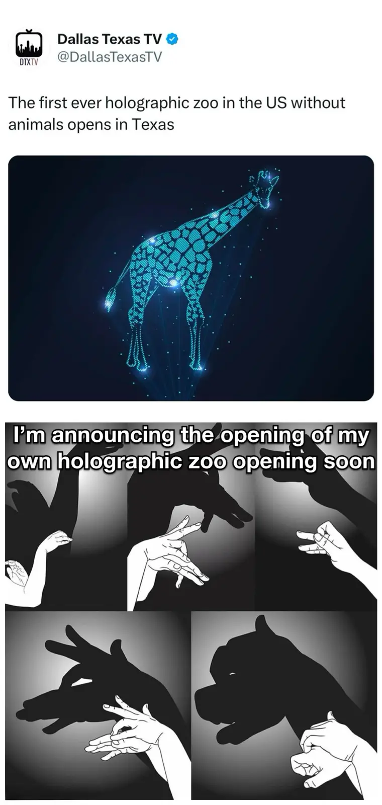 The image is a two-panel meme. The top panel shows a glowing blue holographic giraffe against a dark background, with a…