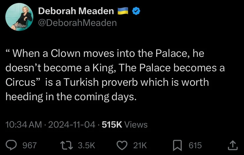 A screenshot of a Twitter post by Deborah Meaden, showing her profile picture, handle, and a quote overlaid in white text…