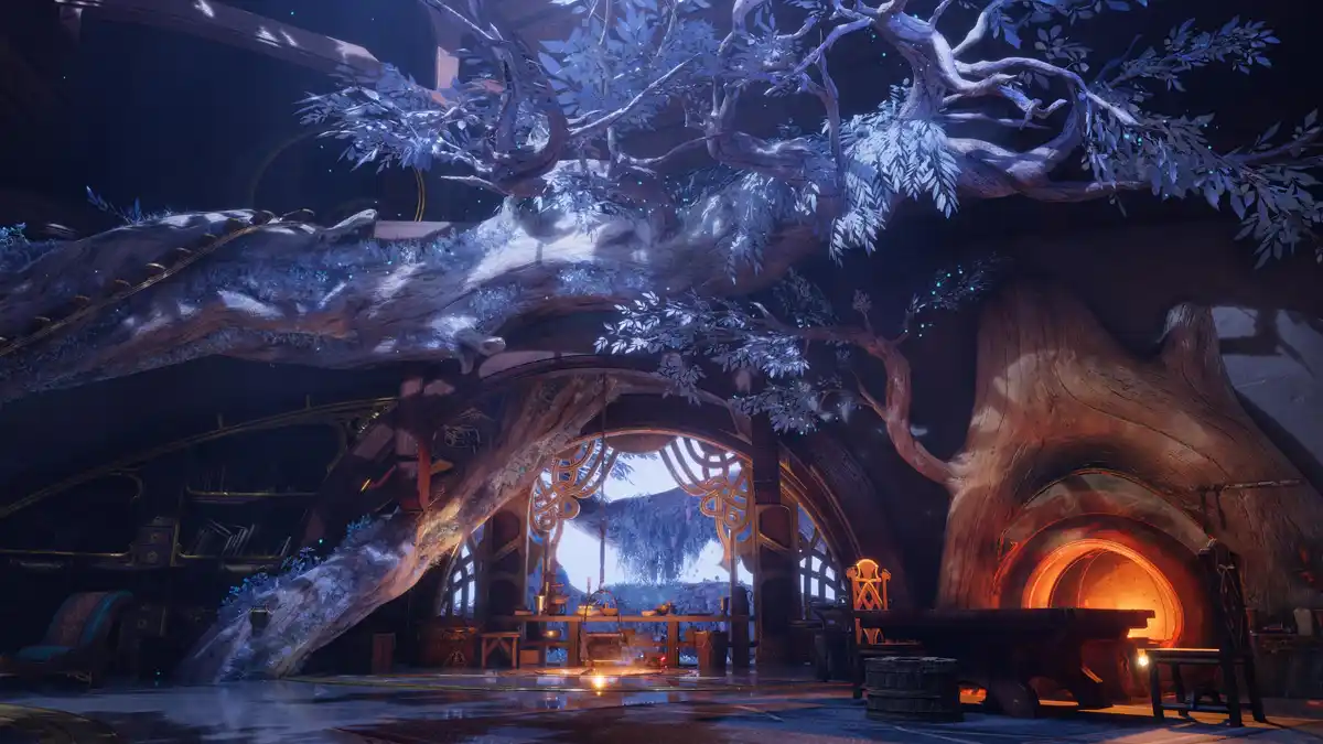 a fantastical interior where a massive, gnarled tree grows through the ceiling and walls, its branches adorned with glowing…