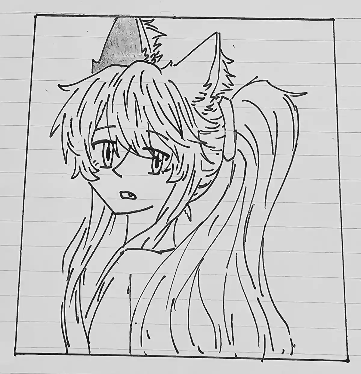 A hand-drawn black-and-white line art sketch on lined notebook paper depicts an anime-style character with long hair, cat…