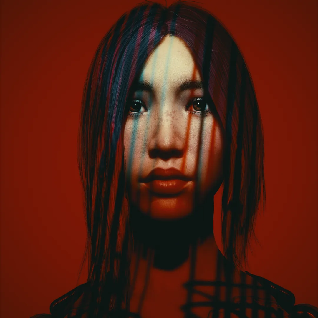 A person with dark hair and freckles stares directly at the viewer against a solid red background, with vertical bars of…