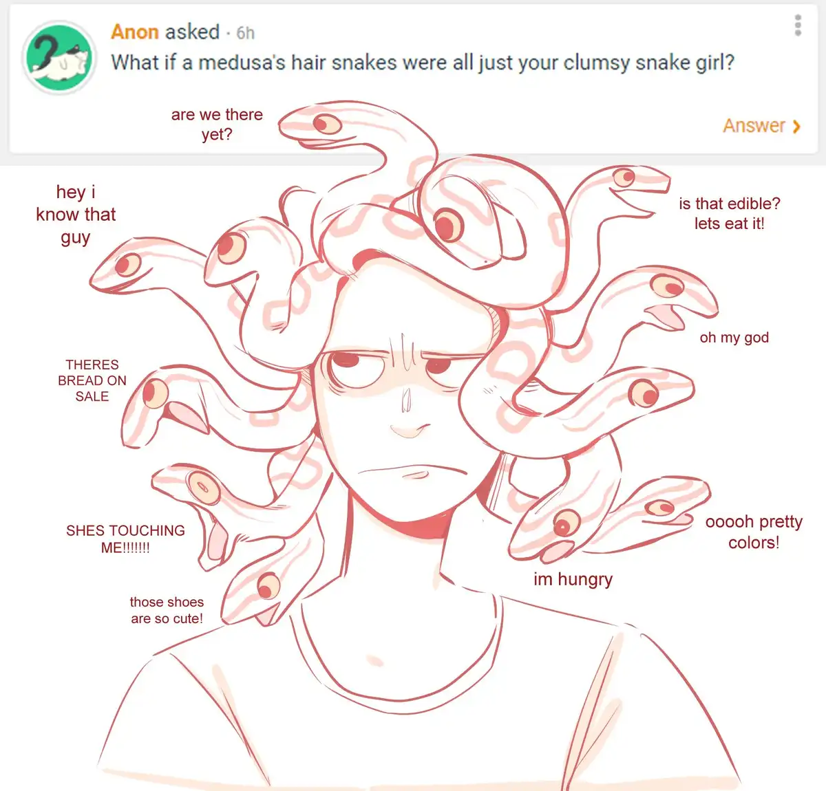 An anime-style illustration shows a Medusa-like woman with a bored expression, surrounded by numerous snakes coiling around…