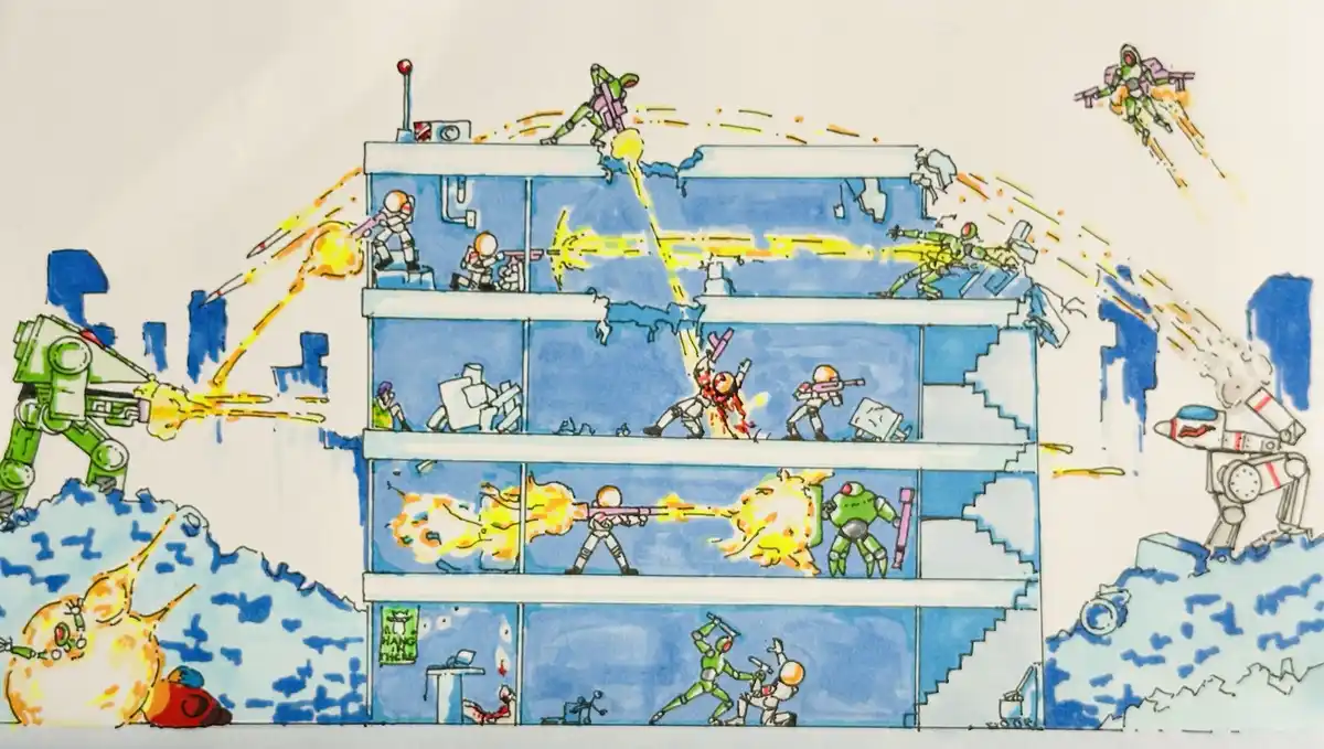 A hand-drawn, colorful illustration depicts a multi-story building under siege by green-armored soldiers and large robots…