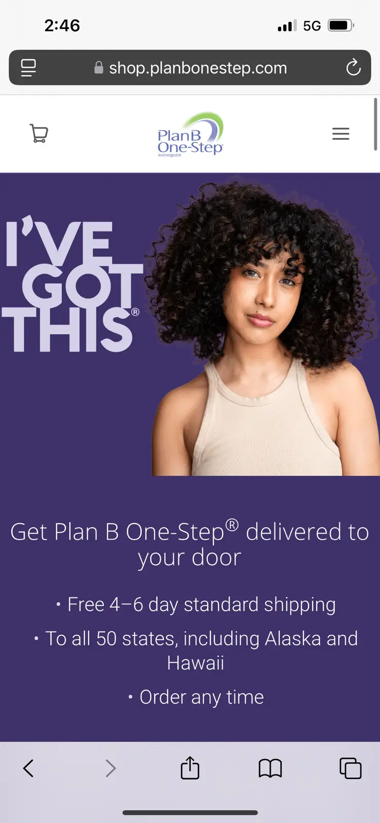 A screenshot of a mobile web page for Plan B One-Step, showing a woman with curly hair and the slogan 'I'VE GOT THIS®' next…