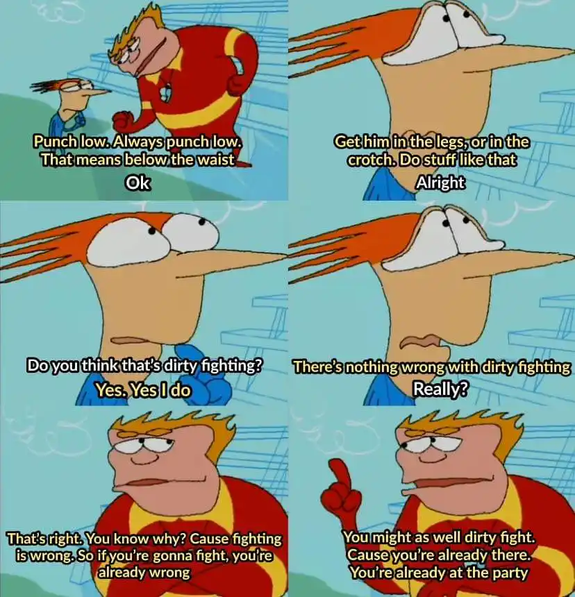 A four-panel comic strip from 'Phineas and Ferb' shows a muscular man teaching a boy how to fight by punching low…