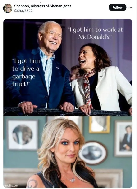 The image is a two-panel meme. The top panel shows Joe Biden and Kamala Harris laughing, with text overlaid: Biden says 'I…