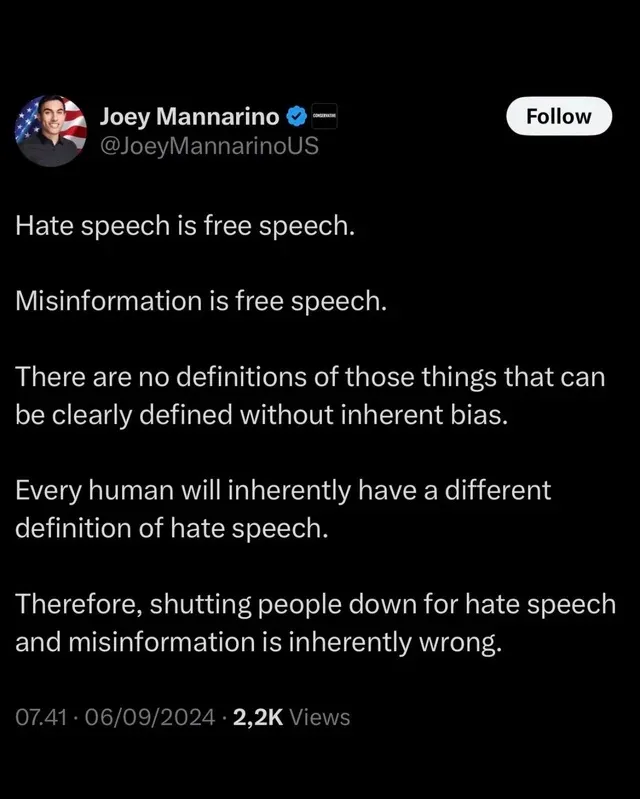 A screenshot of a tweet by Joey Mannarino showing a black background with white text listing a logical argument that equates…