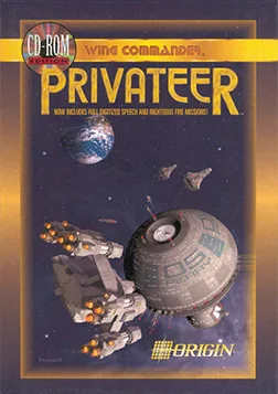 A CD-ROM game cover for 'Privateer' by Origin, showing a spaceship in space with Earth in the background. The text on the…