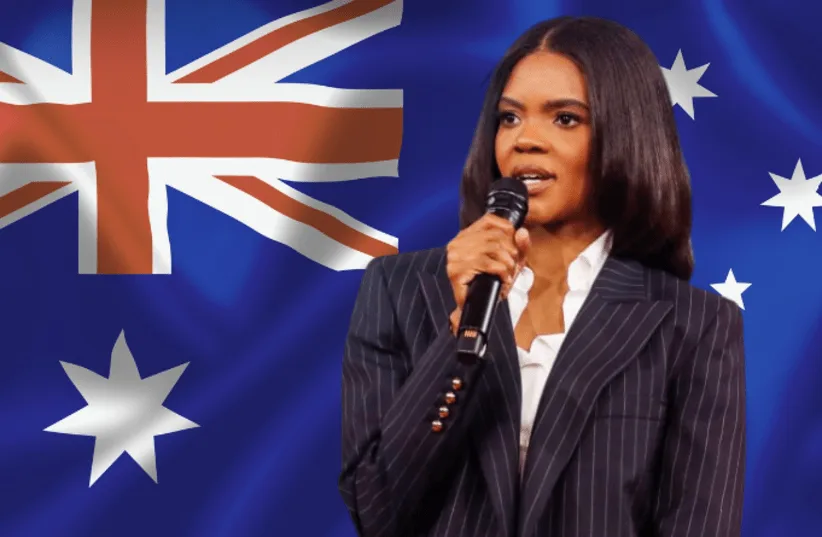 a woman in a pinstripe suit holding a microphone stands in front of an Australian flag. The overlaid text reads 'i'm not…