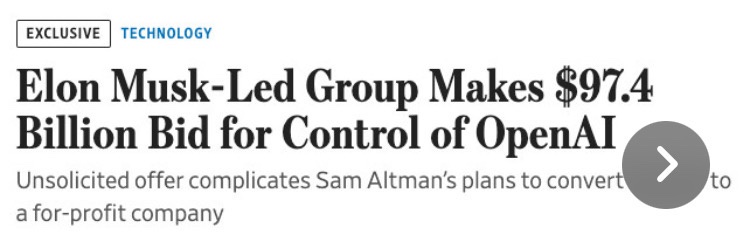 A screenshot of a news article headline reads 'Elon Musk-Led Group Makes $97.4 Billion Bid for Control of OpenAI' with a…