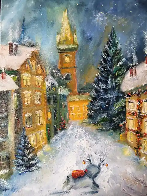 A snowy, festive village scene with snow-covered buildings, a church steeple, and a large evergreen tree, but in the…
