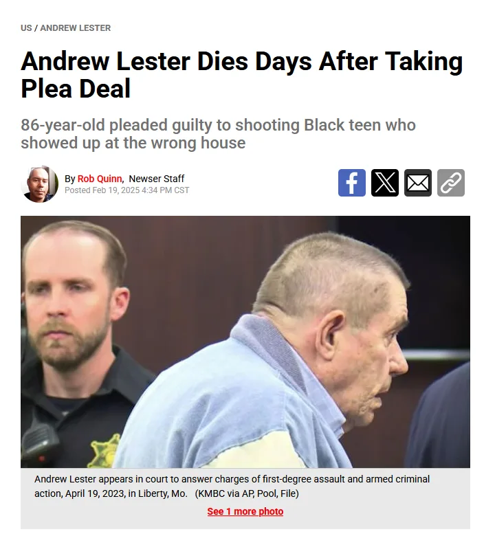 A screenshot of a news article shows an older white man in a blue jail jumpsuit looking down, with a younger white man in a…