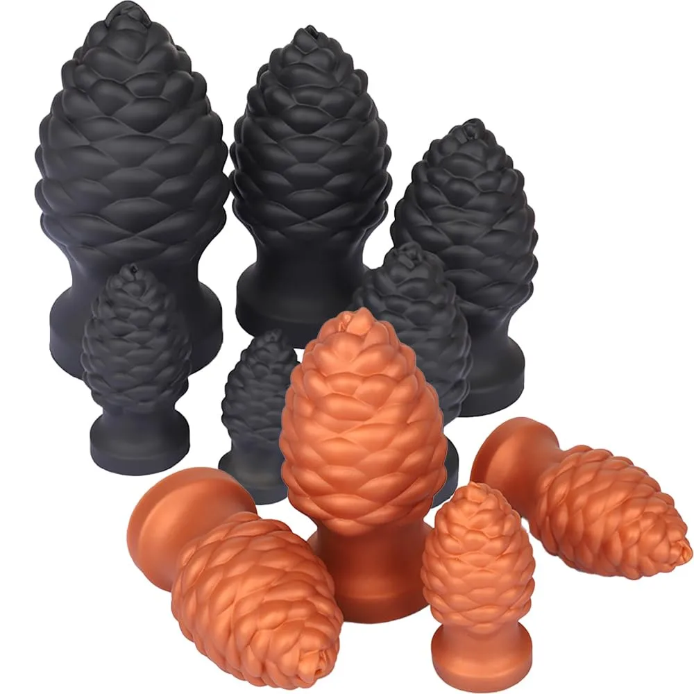 A product photo shows multiple silicone sex toys shaped like pinecones, with some in matte black and others in shiny…