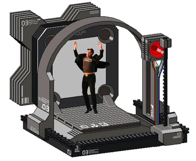 A man in a black t-shirt and pants stands inside a large, futuristic-looking 3D printer with arms raised in frustration. The…