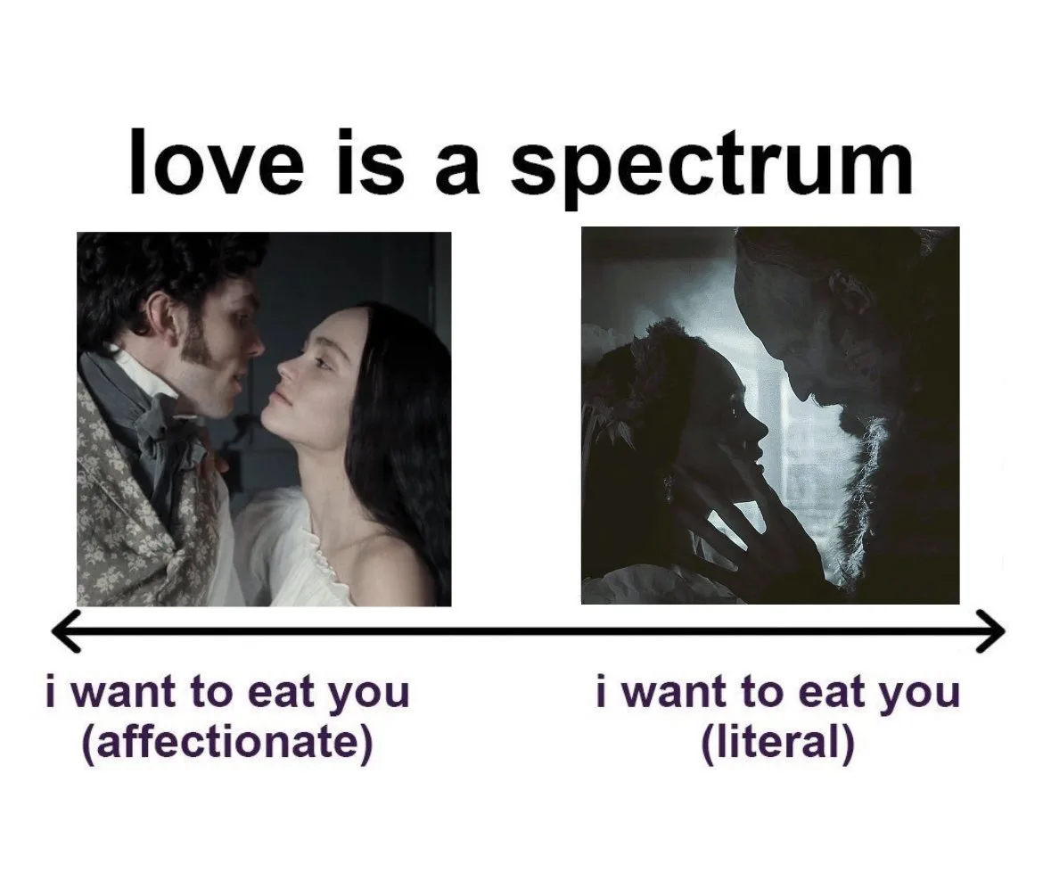 The image displays a horizontal spectrum labeled 'love is a spectrum' with two contrasting scenes. On the left, a romantic…