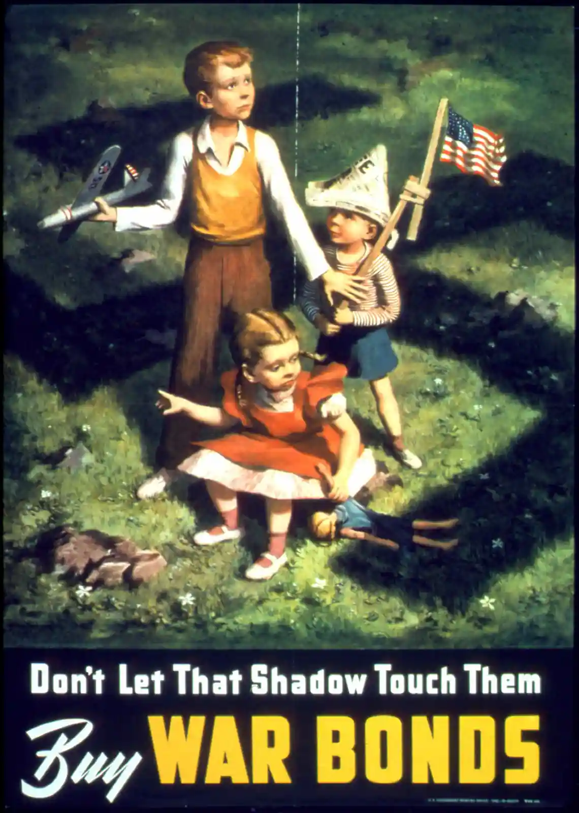 A vintage American war bond poster shows three children outdoors: a boy holding a toy airplane, another with a newspaper hat…