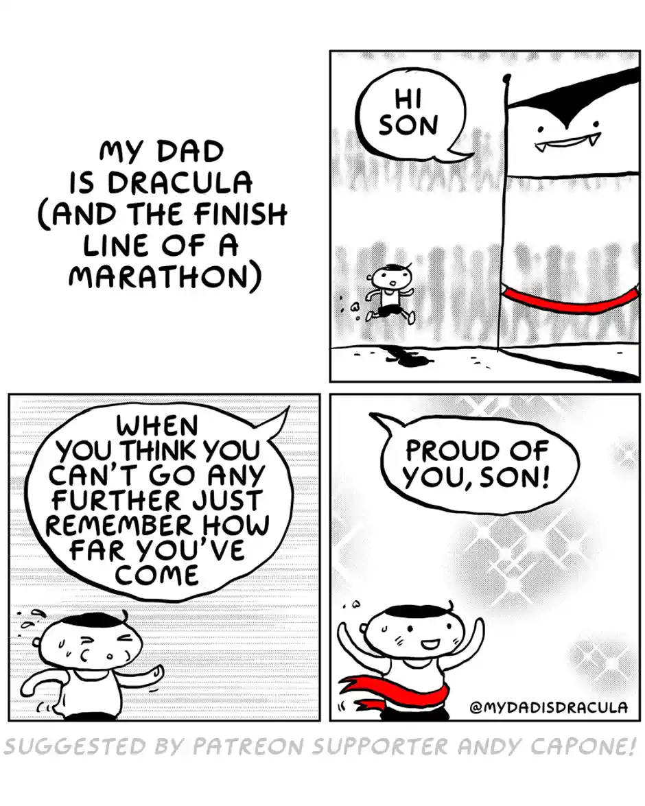 A four-panel comic strip shows a runner crossing a finish line where a vampire (Dracula) is waiting. The runner is exhausted…