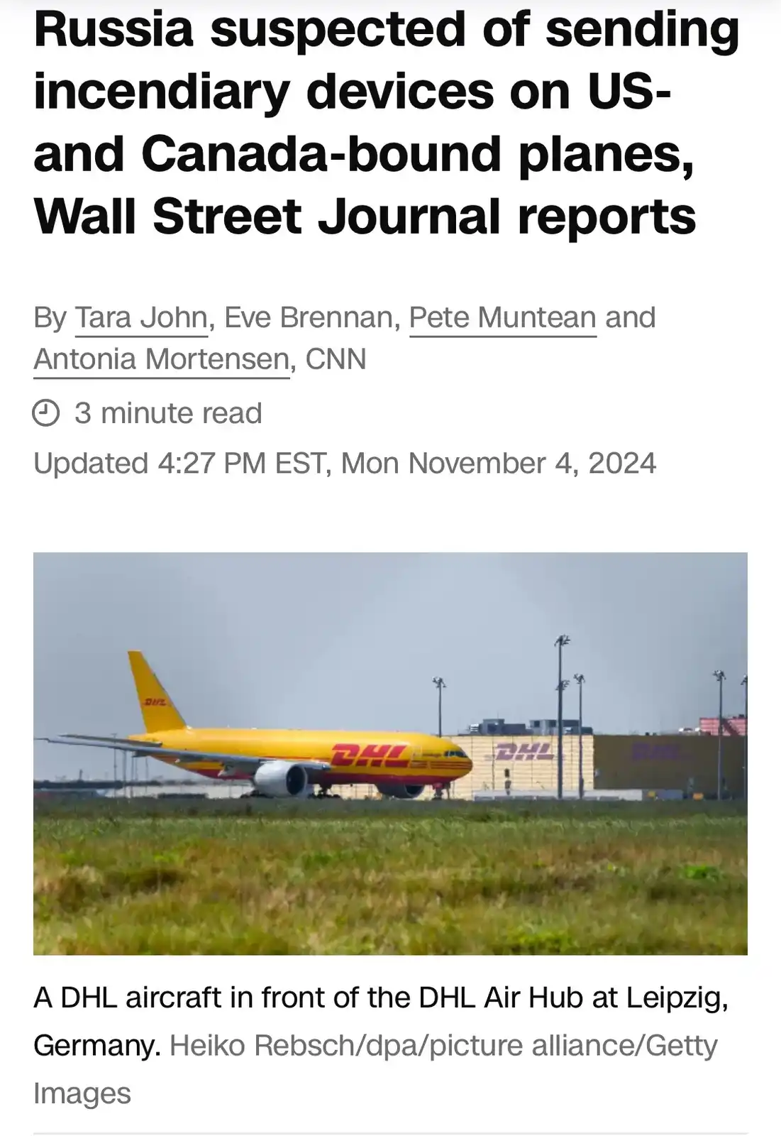 A screenshot of a Wall Street Journal article headline about Russia allegedly sending incendiary devices on planes bound for…