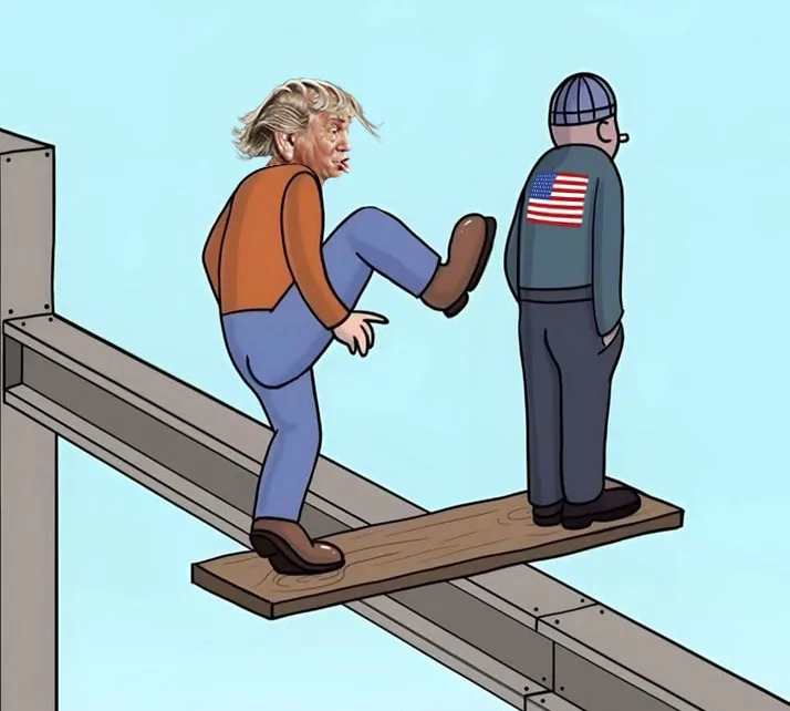 A cartoon depicts a caricature of Donald Trump kicking a construction worker who is standing on a wooden plank atop metal…