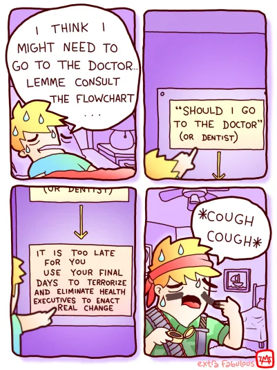 A four-panel comic shows a sick character consulting a flowchart titled 'Should I go to the doctor (or dentist)?' The…