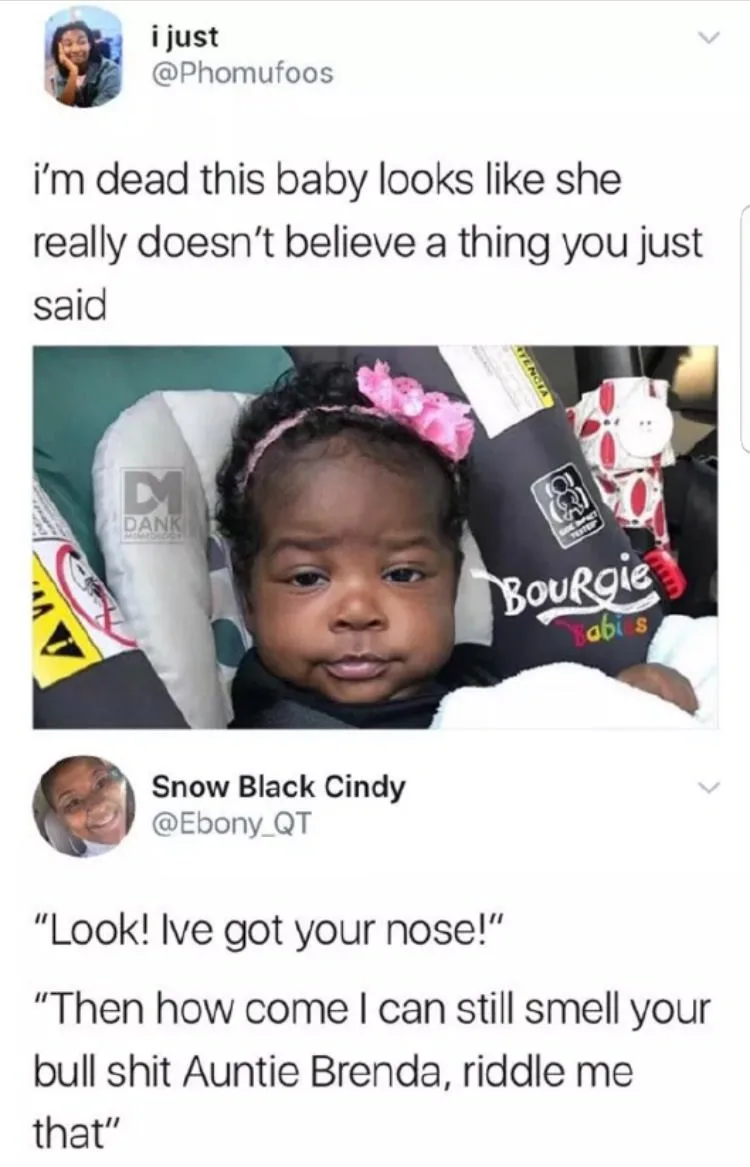 A screenshot of a Twitter thread shows a photo of a baby girl with a skeptical, unimpressed expression, wearing a pink…