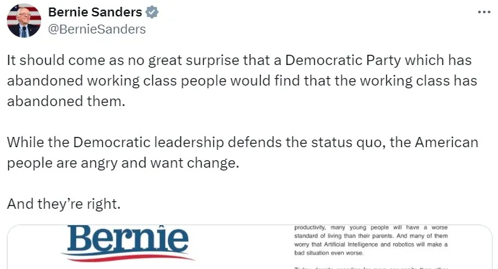 A screenshot of a tweet from Bernie Sanders' official Twitter account showing his text about the Democratic Party abandoning…